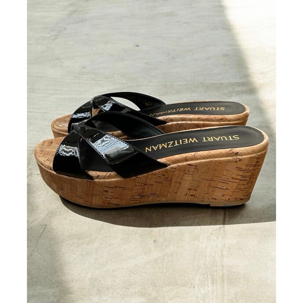 Stuart Weitzman Carmen Black Patent Cork Wedge Sandals Size 7B NWOB Retail $395